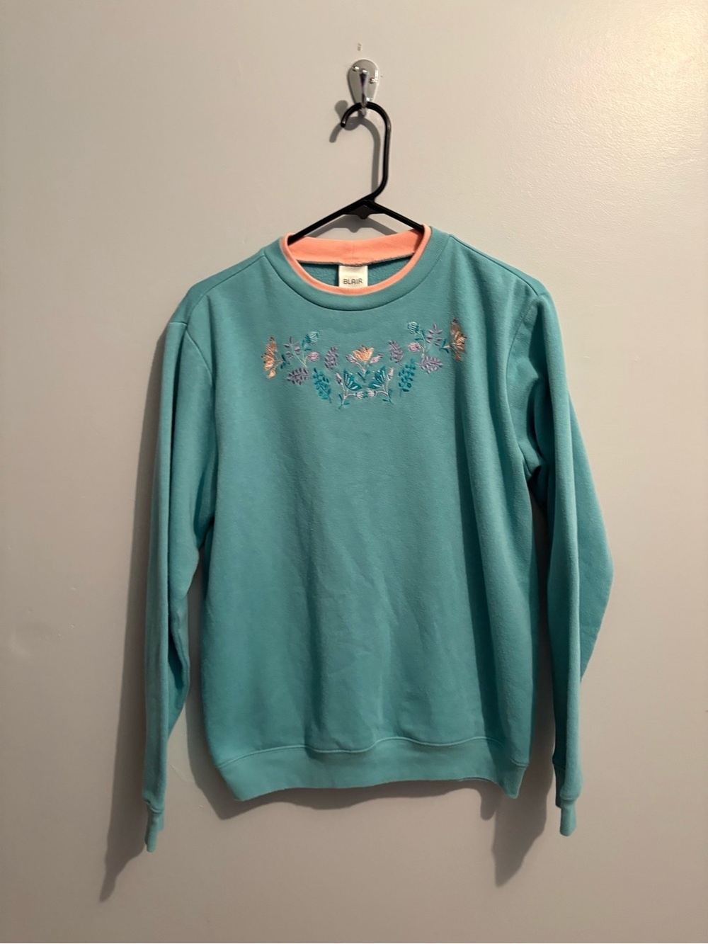 Blair Aqua Peach Floral Embroidered Crewneck Sweater Women’s Small Grannycore